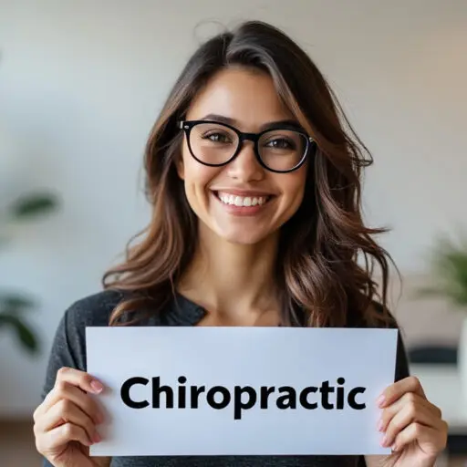 Smiling woman holding a sign that reads Chiropractic